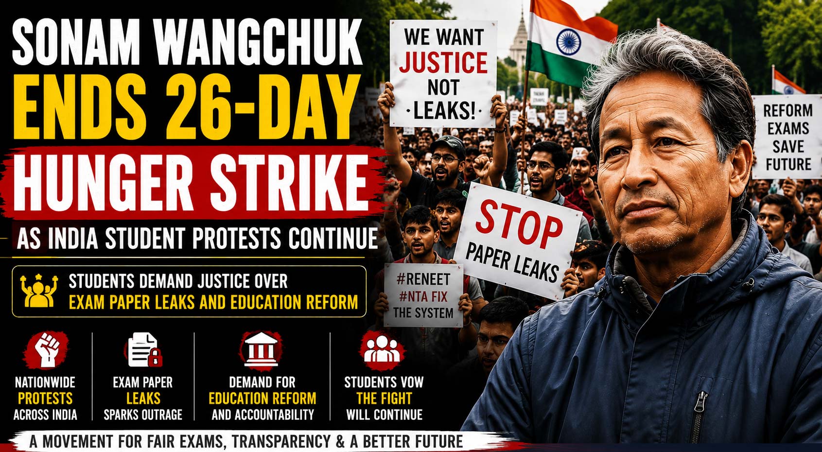 Sonam Wangchuk Ends Hunger Strike as India Student Protests Grow Over Education Reform